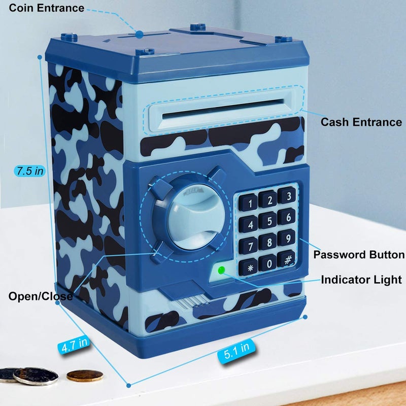 Yoego Kids Money Bank, Electronic Piggy Banks, Great Gift Toy for Kids Children, Auto Scroll Paper Money Saving Box Password Coin Bank,Perfect Toy Gifts for Boys Girls (Blue Camo) - Image 3